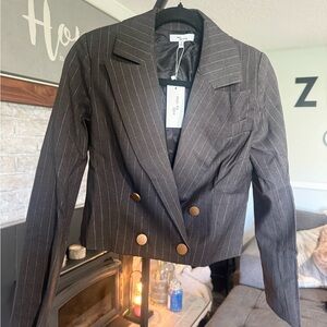 Edgy Rino Women's Black Pinstripe Double-Breasted Cropped Blazer